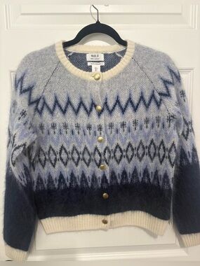 WILT 100% Cashmere Cream & Blue Fair Isle Cardigan Size Small